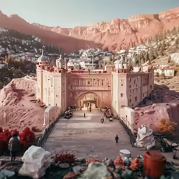 a building with people in front of it, overlooking mountains and hills