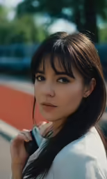 an asian girl with long black hair, posing with her coat