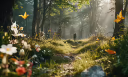 a person walking in the forest surrounded by flowers