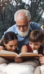 three young children sit on a couch reading a book
