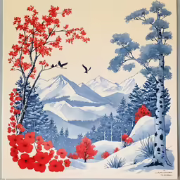 a painting of mountains, flowers and birds on a blue / yellow background