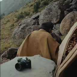 person in cloak sitting on a rock with cameras