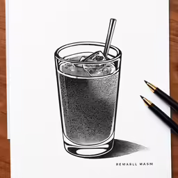 a drawing of a black liquid glass with ice cubes on it
