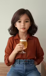 a little girl wearing a brown shirt holding a wine glass