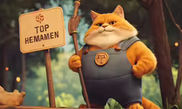 a cartoon cat holding a pointer with a top - hemmen sign