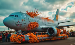 this is an airplane on display that was being adorned with orange decorations