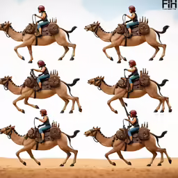 a man riding a camel across a desert