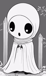 the character of the anime series grim is dressed as a ghost,a little skeleton that is in the air