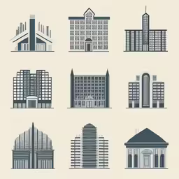 various types of buildings on the floor,various silhouettes of buildings and skyscrapers on a white background