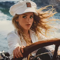 a beautiful young woman sitting on top of a boat