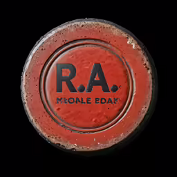 an orange and black button on a black background