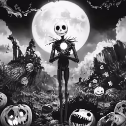 the skeleton character stands in the middle of pumpkins with evil faces
