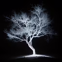 a lone white tree on a black night