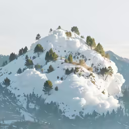 the snow has covered the mountain and trees