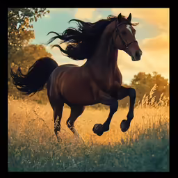 a horse running in a field with trees in the background