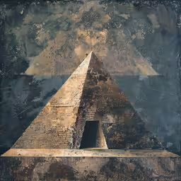 an abstract painting of two brown pyramids on blue and grey,this is a painting of an egyptian pyramid