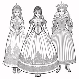 three princesses wearing the same clothes, one has a tiara,two princesses in dresses with tiara coloring pages