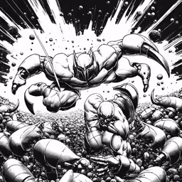 black and white artwork depicting two ninjas surrounded by large balls