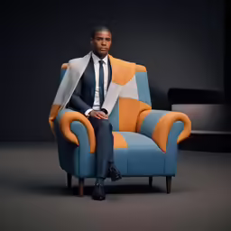 a man in suit sitting on a blue chair