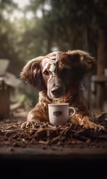 a dog is laying with a coffee mug