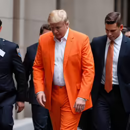 a man in an orange suit is walking