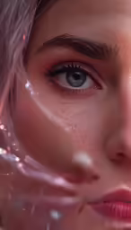 the image of a woman with pink makeup and water on her face