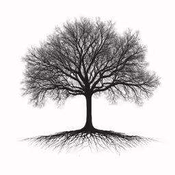 an old tree with roots on a white background