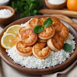 some kind of baked food sitting on a bowl of white rice