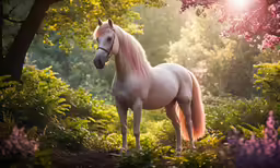 a beautiful horse stands near a tree in the woods