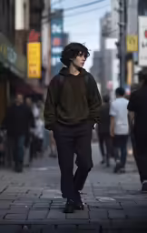 man standing on sidewalk in city with pedestrians