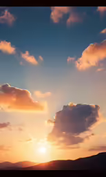 the sunset with clouds over the hills