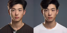 two people side by side with a dark background,two men with different facial expressions and black hair