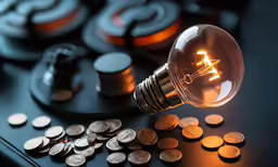 a light bulb next to many coins and other currency