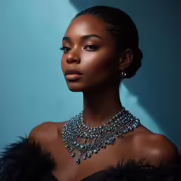 a beautiful woman wearing a necklace with a feathered wrap around her neck
