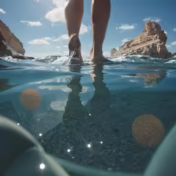 two people are walking across a lake with rocky shores