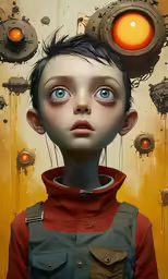 the child has blue eyes and is standing in front of some orange dots