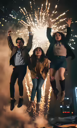 a woman and two men are jumping into the air in front of fireworks