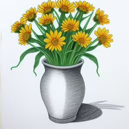 drawing of yellow flowers in a vase
