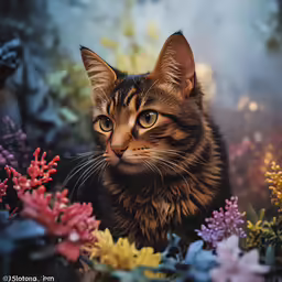 the kitty is sitting amongst the flowers outside