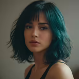 a close up of a woman with blue hair