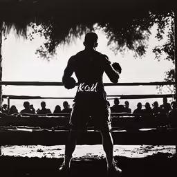 black and white photograph of man with kickbox punching gloves