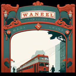 an illustration of a double decker bus under a sign