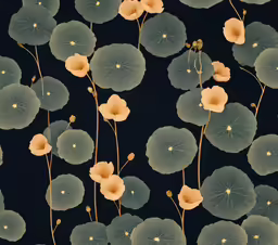 a pattern of small flowers with leaves on a dark blue background