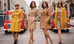 three beautiful women in trench coats standing in the street