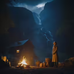 a person standing next to a fire pit in the mountains