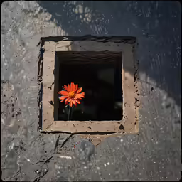 an orange flower sitting in a small window
