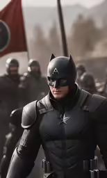 the man in costume stands next to other men wearing helmets