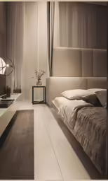a bedroom with white floors and a big bed