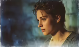 a woman with very pretty eyes and hair in a grungy photo