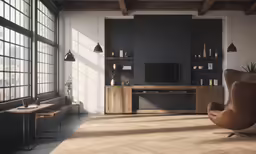 a chair and desk in front of large windows